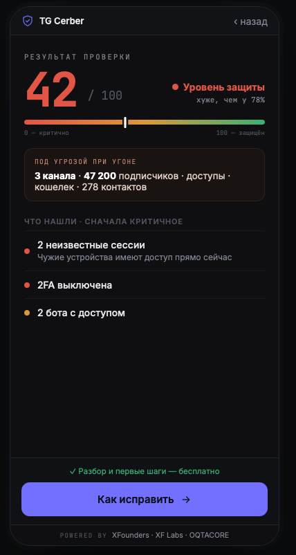 Экран TG Cerber: результат проверки 42 из 100 и найденные критичные риски